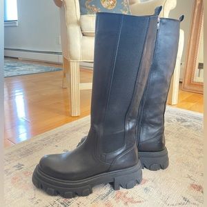 Steve Madden Esma Black Leather Lug Sole Knee High Boots